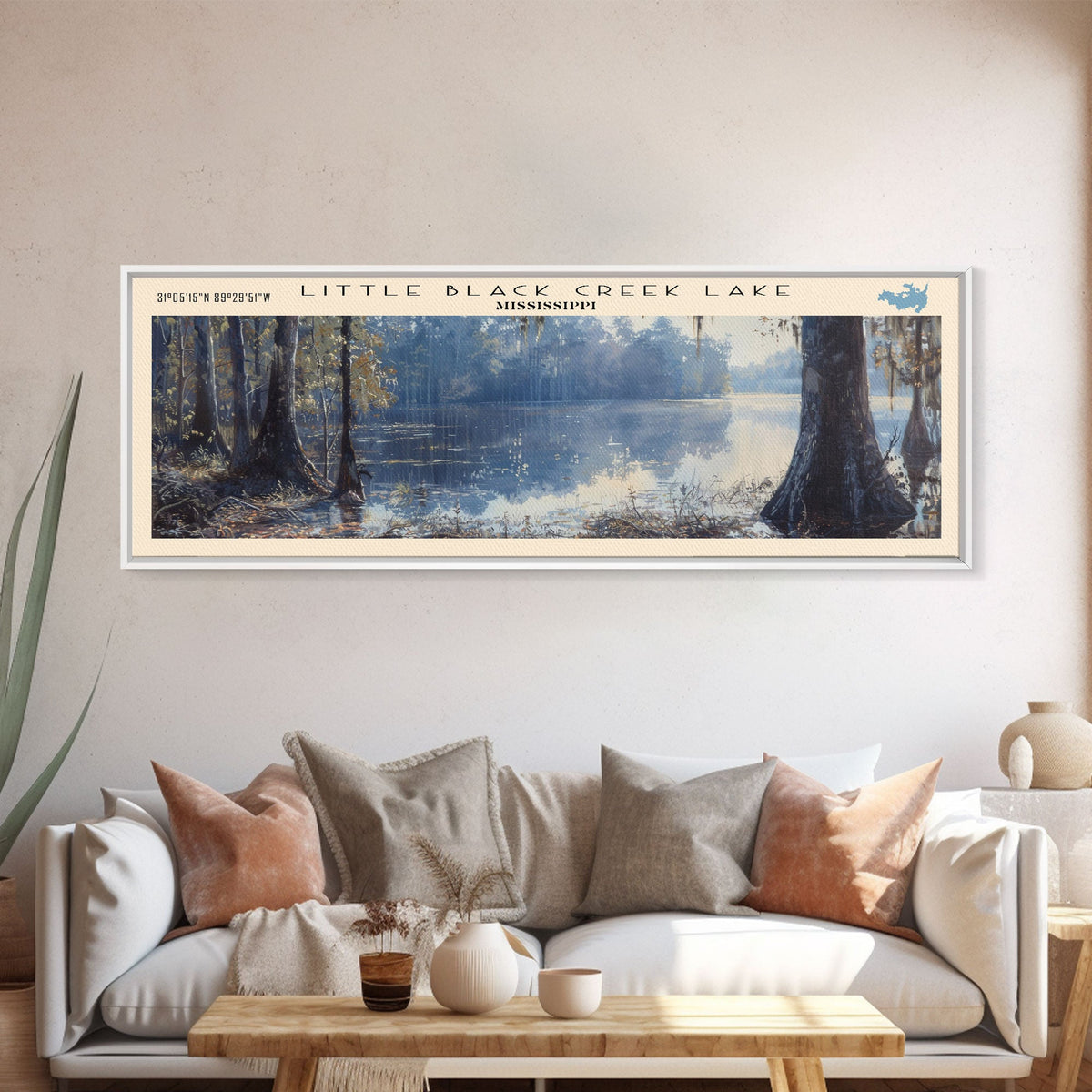 Little Black Creek Lake Mississippi Framed Canvas Print, Lake House Decor, Panoramic Wall Art, Travel Poster, Landscape Painting, Living Room Decor