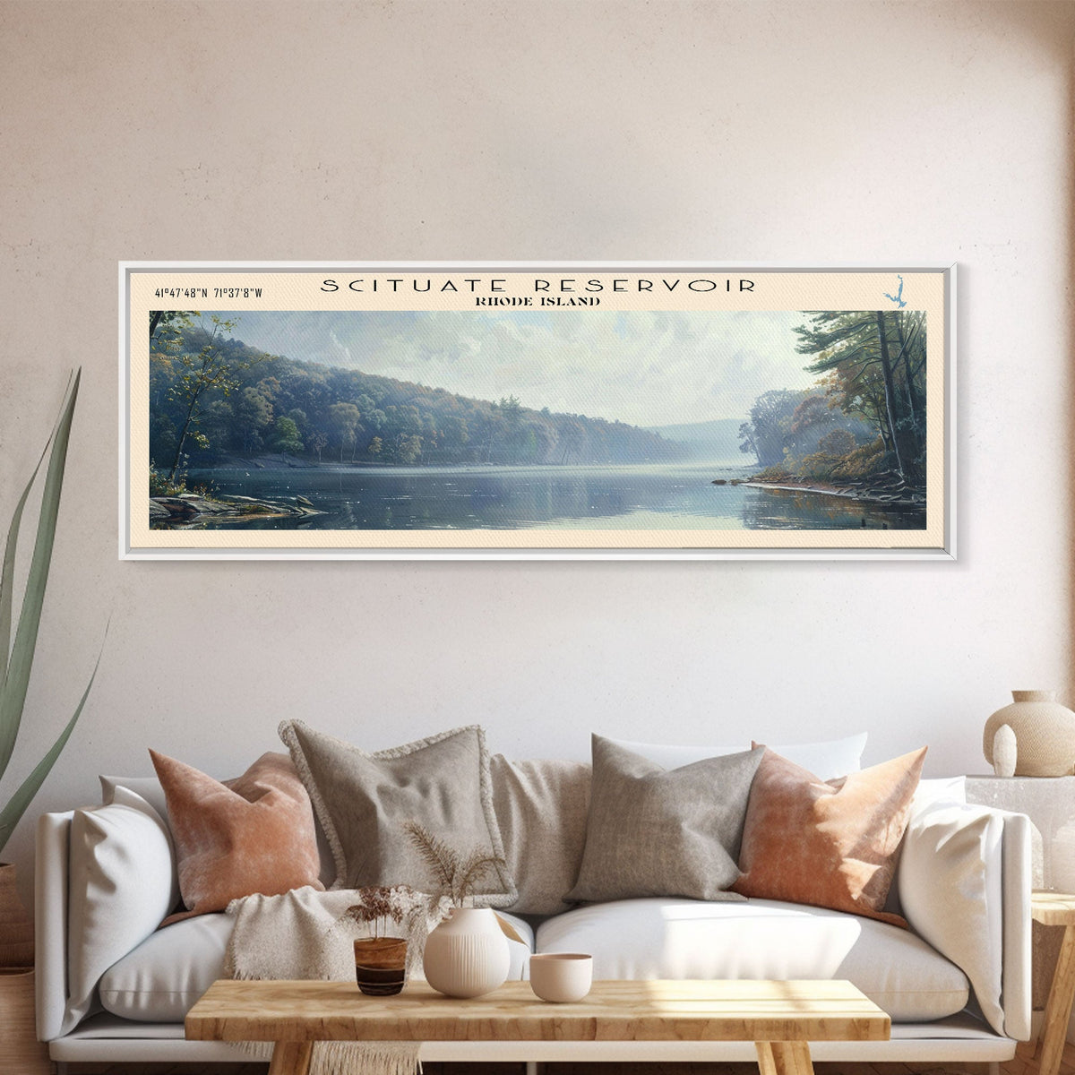 Scituate Reservoir Rhode Island Framed Canvas Print, Lake House Decor, Panoramic Wall Art, Travel Poster, Scenic Landscape Painting, Modern Art