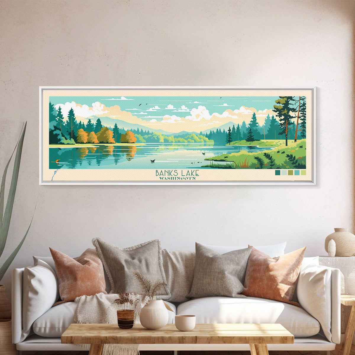 Banks Lake Washington Framed Canvas Print, Panoramic Wall Art, Midcentury Modern, Pop Art, Travel Poster, Scenic Lake House Art