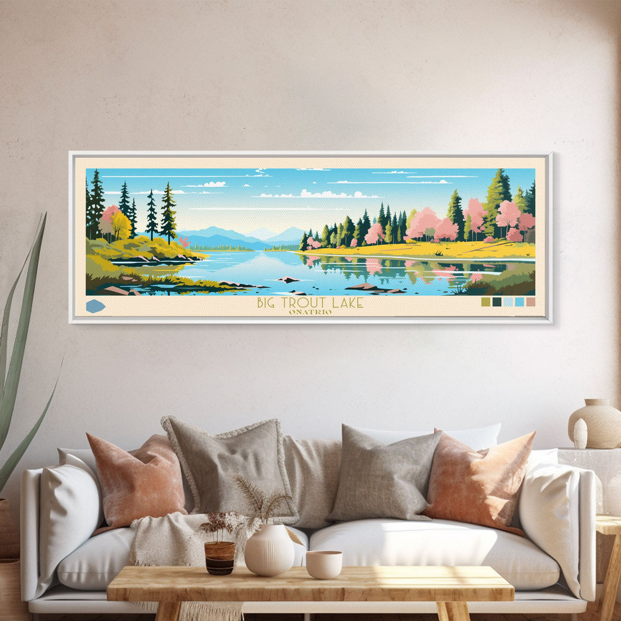 Big Trout Lake Ontario Framed Canvas Print, Panoramic Travel Poster, Midcentury Modern Wall Art, Pop Art, Nature Living Room Art, Lake House Decor