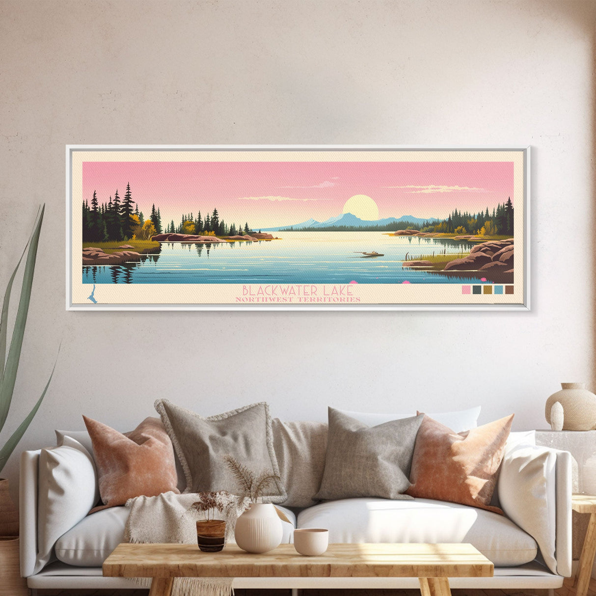Blackwater Lake Northwest Territories Framed Canvas Print, Panoramic Wall Art, Midcentury Modern, Pop Art, Travel Poster, Scenic Living Room Art, Lake House Decor