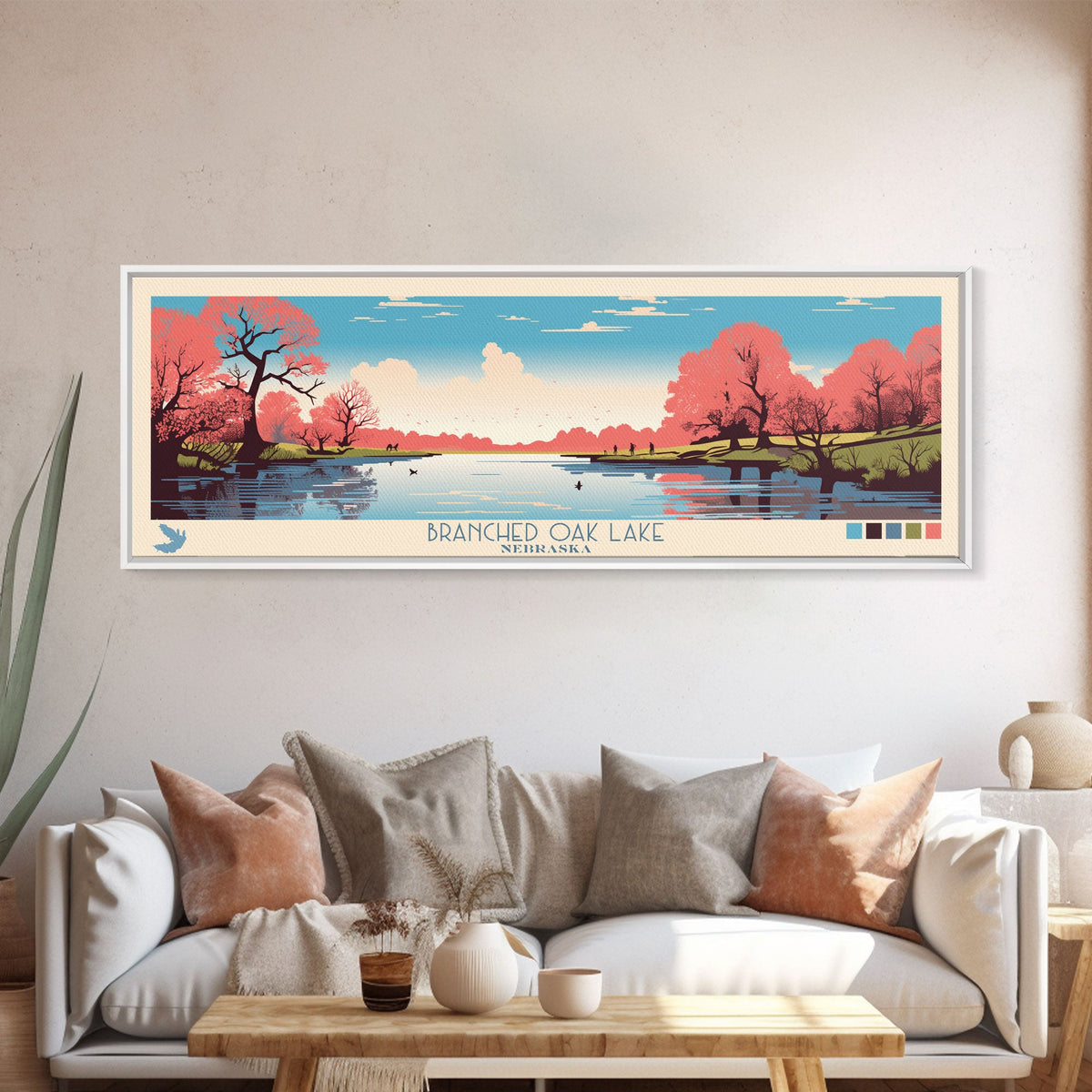 Branched Oak Lake Nebraska Framed Canvas Print, Pop Art Panoramic Travel Poster, Bedroom Decor, Midcentury Modern, Wall Art, Scenic Lake House