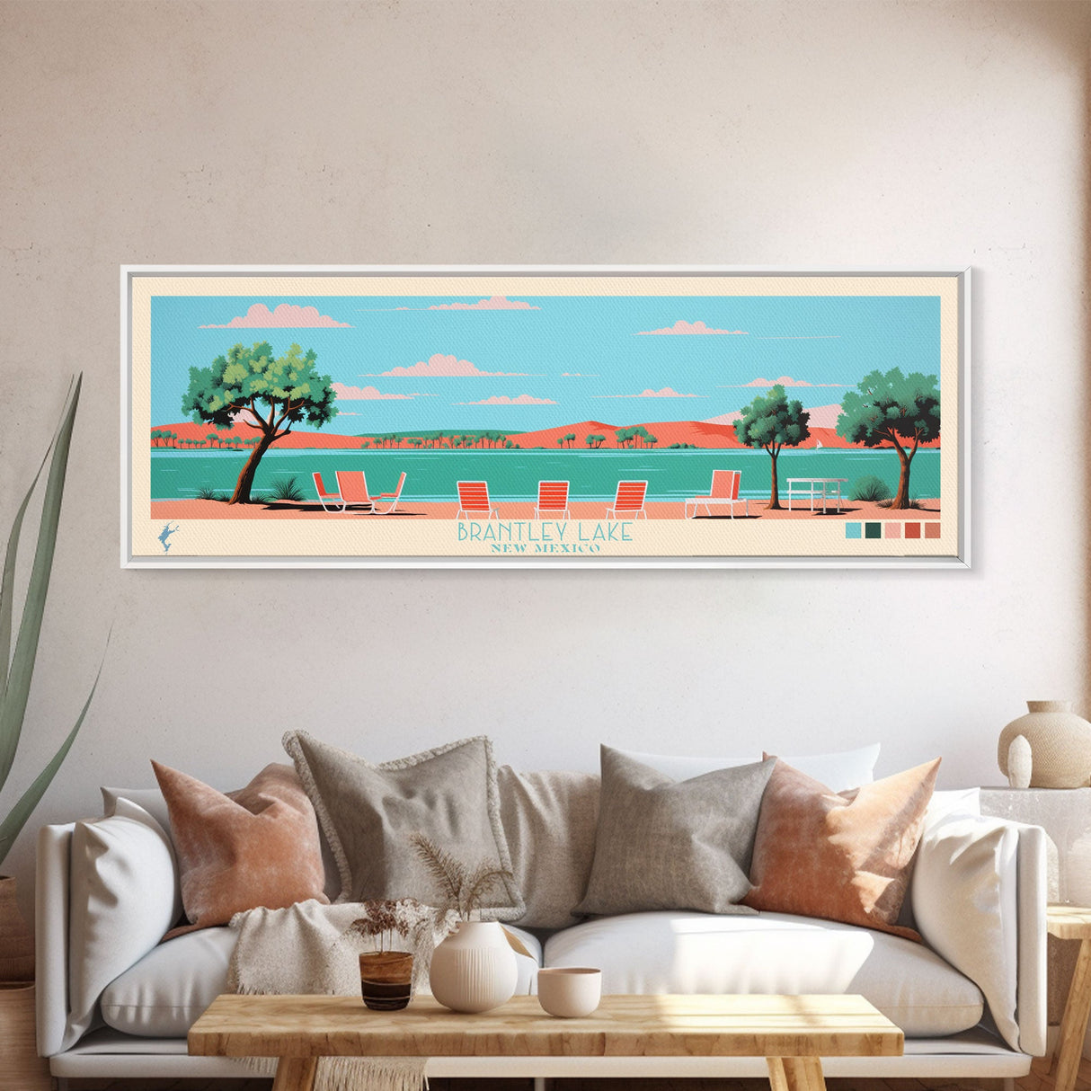 Brantley Lake New Mexico Framed Canvas Print, Midcentury Modern Panoramic Wall Art, Living Room Decor, Pop Art, Travel Poster Art, Scenic Nature Painting