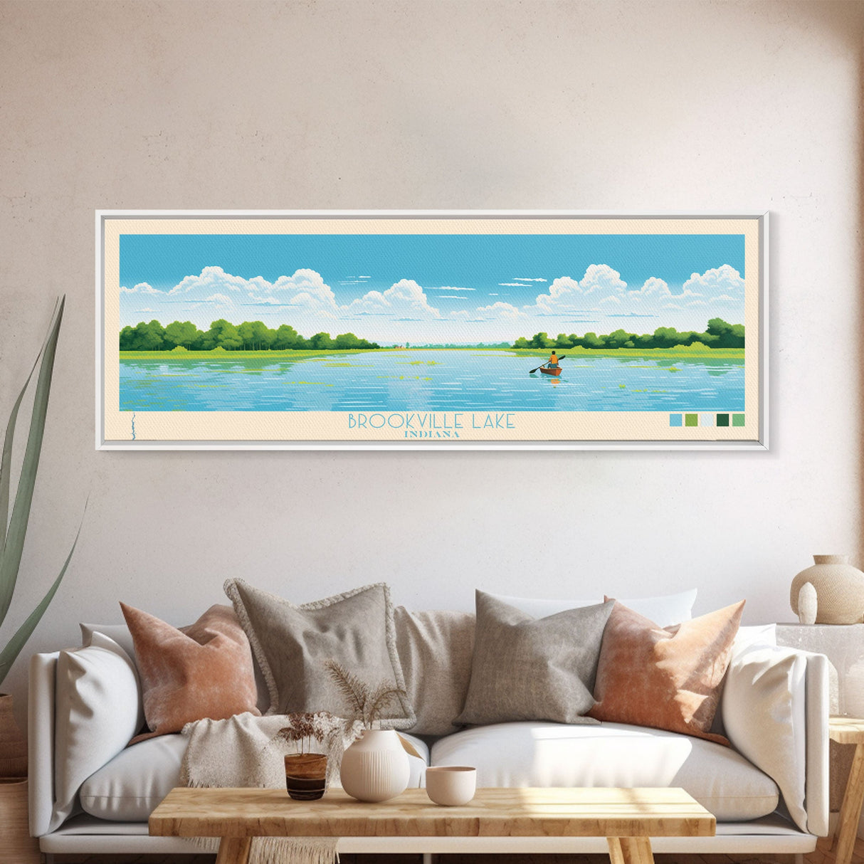 Brookville Lake Indiana Framed Canvas Print, Midcentury Modern Panoramic Wall Art, Living Room Decor, Pop Art, Travel Poster Art, Nature Painting
