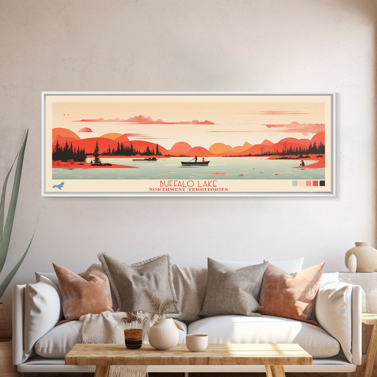 Buffalo Lake Northwest Territories Framed Canvas Print, Pop Art Panoramic Travel Poster, Midcentury Modern, Wall Art, Scenic Nature Painting, Bedroom Decor