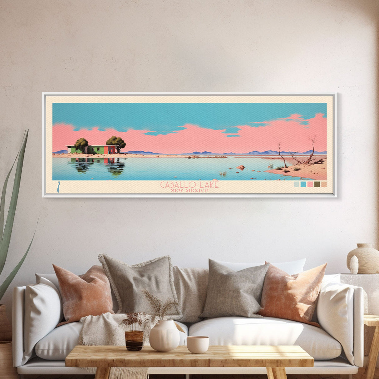 Caballo Lake New Mexico Framed Canvas Print, Midcentury Modern Panoramic Wall Art, Living Room Decor, Pop Art, Travel Poster Art, Scenic Nature Painting