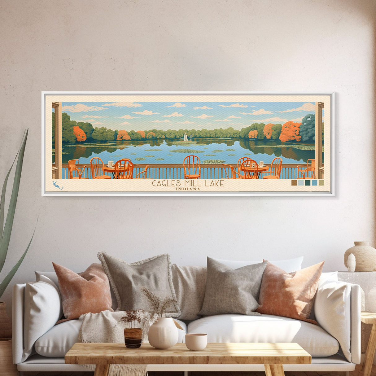 Cagles Mill Lake Indiana Framed Canvas Print, Midcentury Modern Panoramic Wall Art, Living Room Decor, Pop Art, Travel Poster Art, Scenic Nature Painting