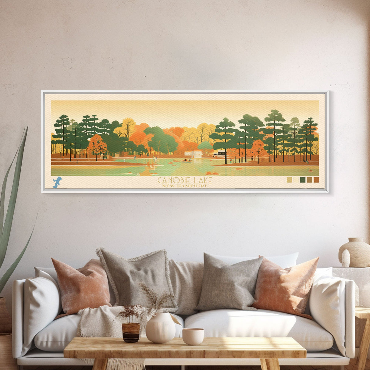 Canobie Lake New Hamphire Framed Canvas Print, Midcentury Modern Panoramic Wall Art, Living Room Decor, Pop Art, Travel Poster Art, Scenic Nature Painting