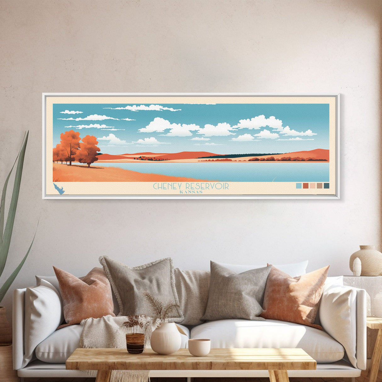 Cheney Reservoir Kansas Framed Canvas Print, Midcentury Modern Panoramic Wall Art, Living Room Decor, Pop Art, Travel Poster Art, Scenic Nature Painting, Lake House Decor