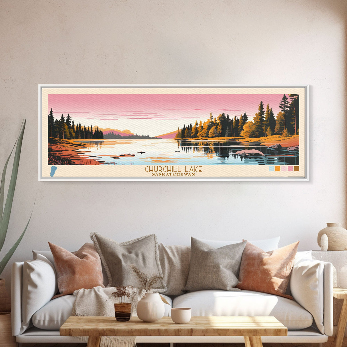 Churchill Lake Saskatchewan Framed Canvas Print, Midcentury Modern Panoramic Wall Art, Living Room Decor, Pop Art, Travel Poster Art, Scenic Nature Painting, Lake House Decor