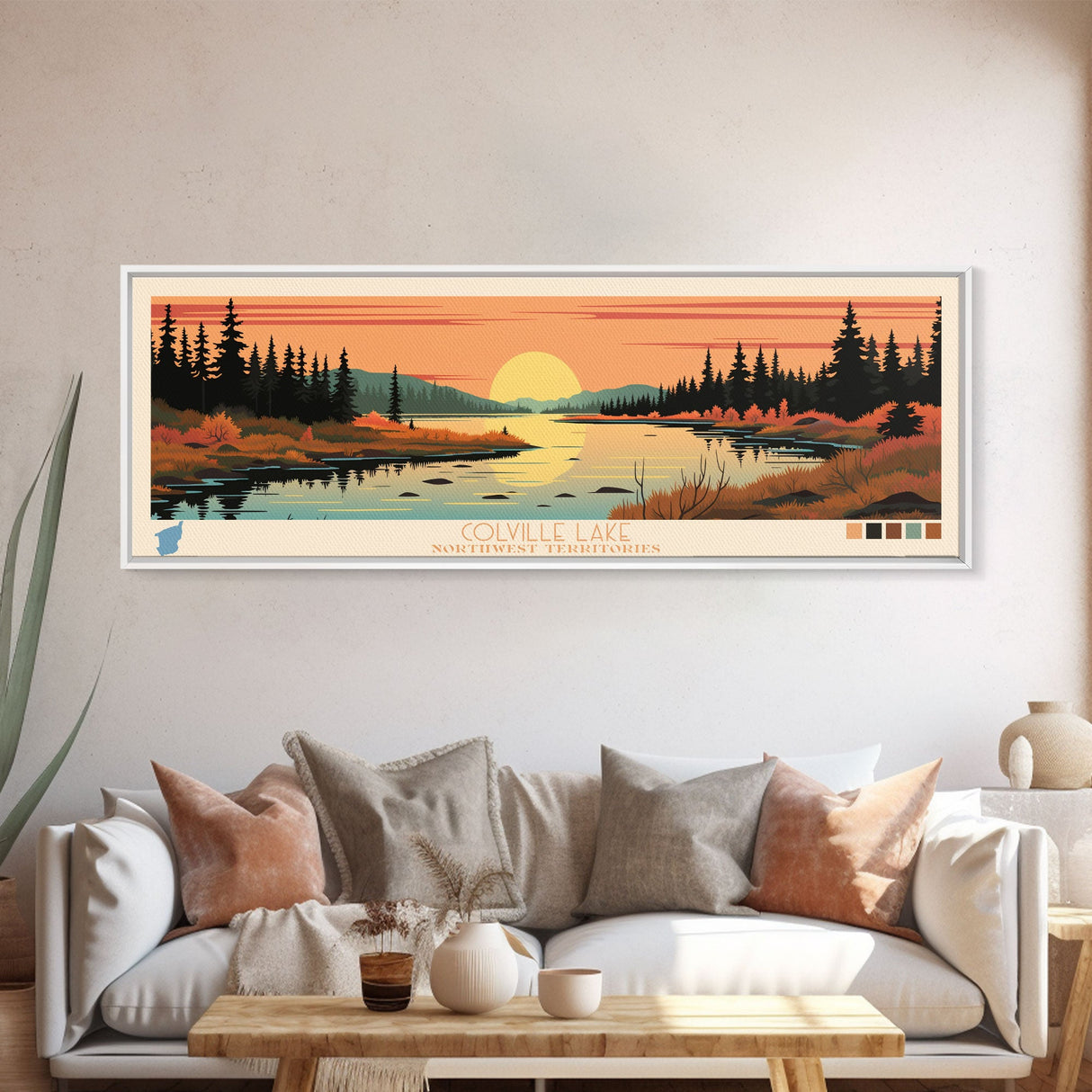 Colville Lake Northwest Territories Framed Canvas Print, Pop Art Panoramic Travel Poster, Bedroom Decor, Midcentury Modern, Wall Art, Scenic Lake House, Nature Art