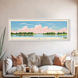 Coralville Lake Iowa Framed Canvas Print, Midcentury Modern Panoramic Wall Art, Living Room Decor, Pop Art, Travel Poster Art, Scenic Nature Painting, Lake House Decor
