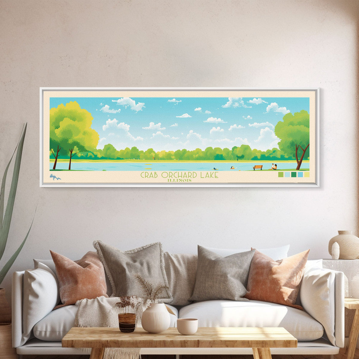 Crab Orchard Lake Illinois Framed Canvas Print, Midcentury Modern Panoramic Wall Art, Living Room Decor, Pop Art, Travel Poster Art, Scenic Nature Painting, Lake House Decor
