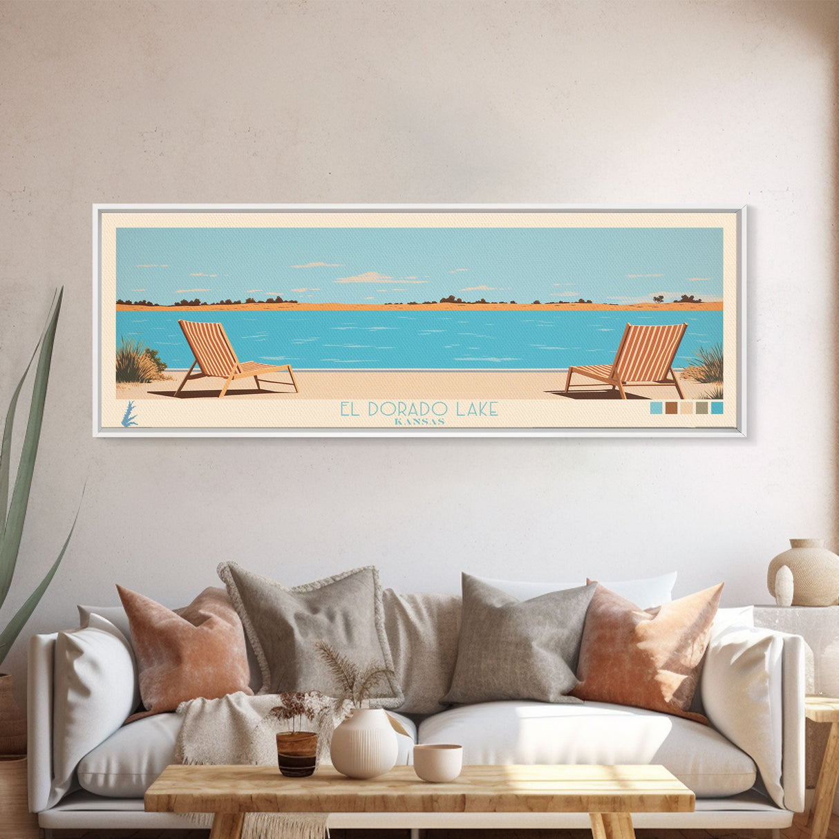 El Dorado Lake Kansas Framed Canvas Print, Panoramic Wall Art, Midcentury Modern, Pop Art, Living Room Art, Travel Poster, Vintage Lake Art