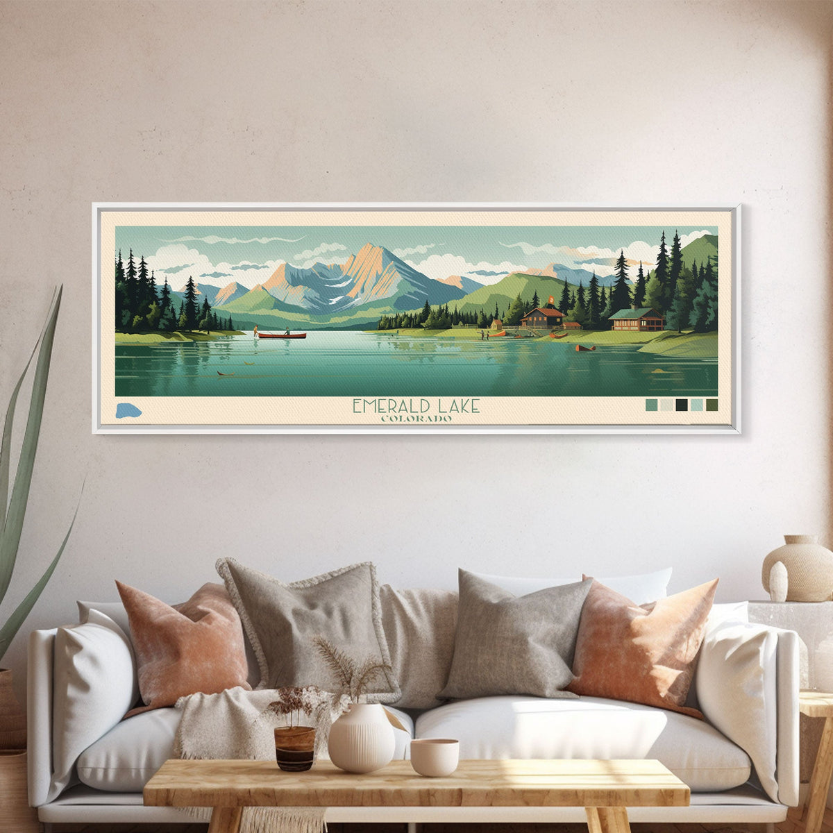 Emerald Lake Colorado Framed Canvas Print, Panoramic Art, Midcentury Modern, Pop Art, Living Room Wall Art, Travel Poster, Lake Art