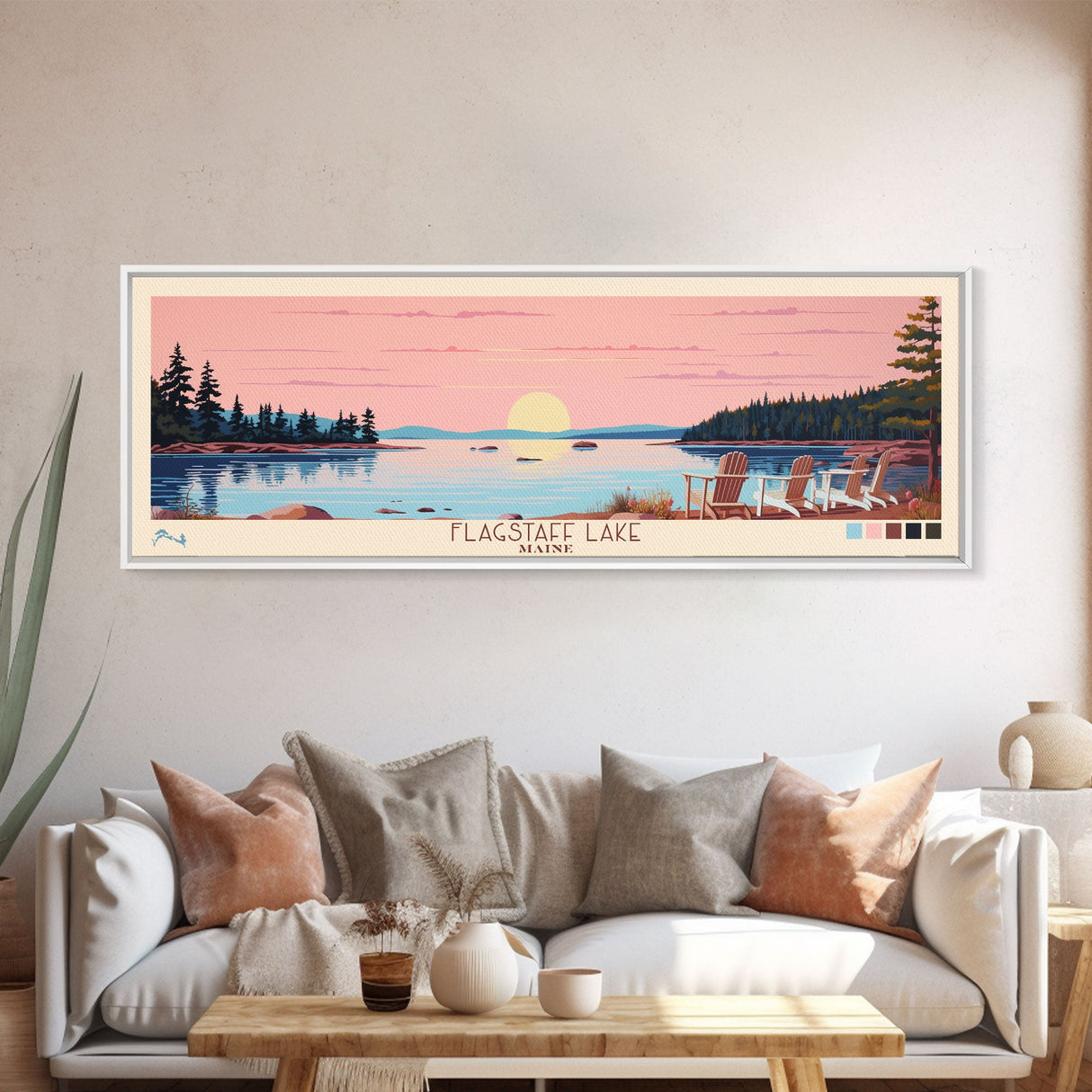Flagstaff Lake Maine Framed Canvas Print, Panoramic Wall Art, Midcentury Modern, Pop Art, Bedroom Decor, Travel Poster, Artistic Decor, Lake View