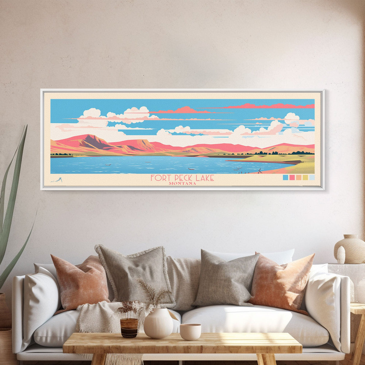 Fort Peck Lake Montana Framed Canvas Print, Panoramic Wall Art, Midcentury Modern, Pop Art, Bedroom Decor, Travel Poster, Nature Art, Artistic Decor