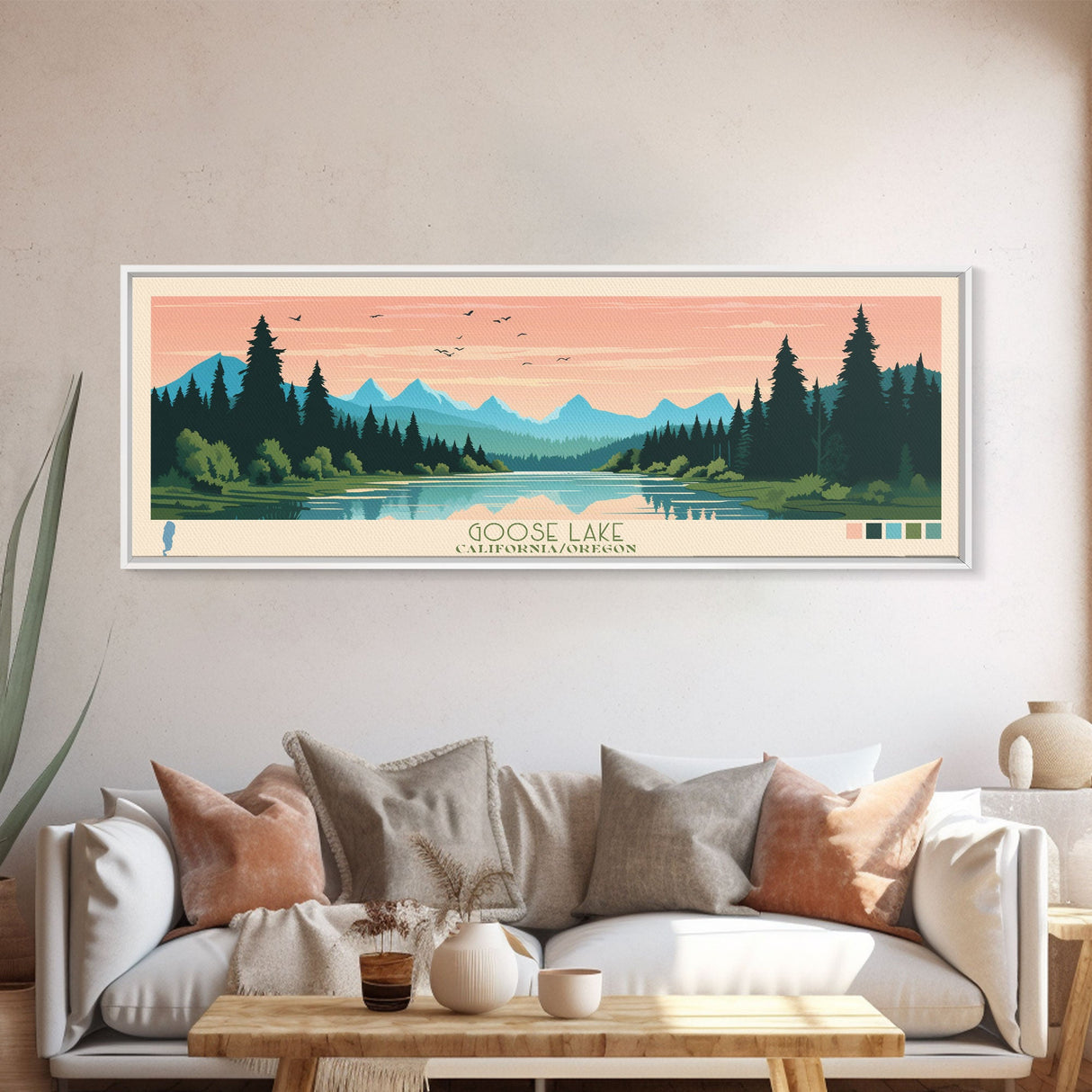 Goose Lake California Oregon Framed Canvas Print, Panoramic Wall Art, Midcentury Modern, Pop Art, Living Room Decor, Travel Poster, Lake View, Nature Art