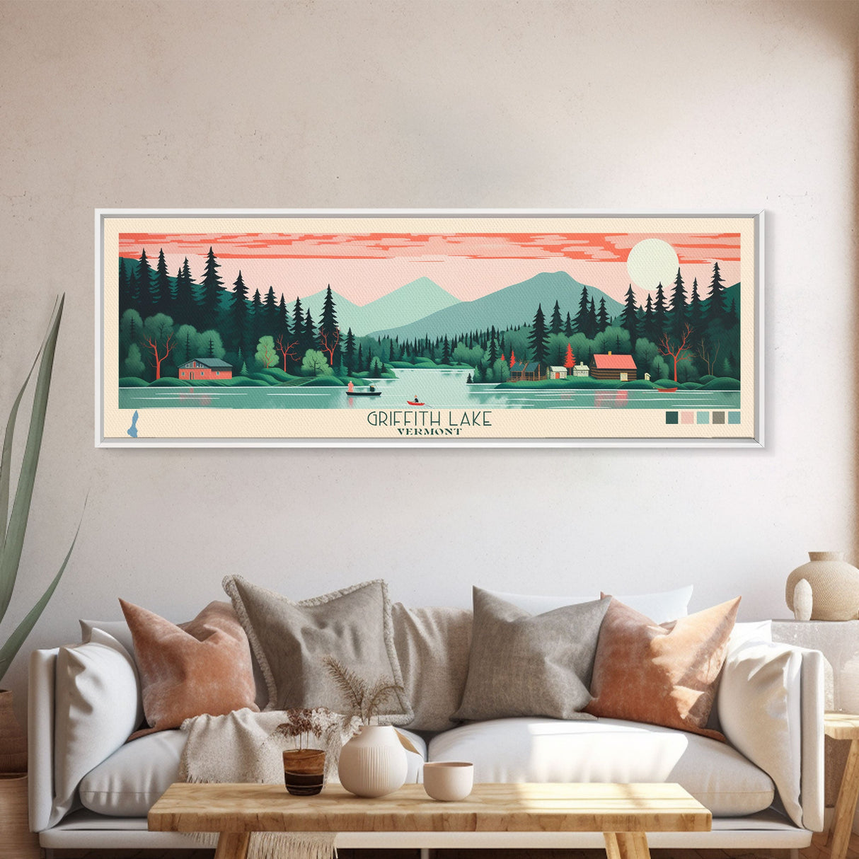 Griffith Lake Vermont2 Framed Canvas Print, Panoramic Art, Midcentury Modern, Pop Art, Bedroom Decor, Travel Poster, Artistic Decor, Home Decor