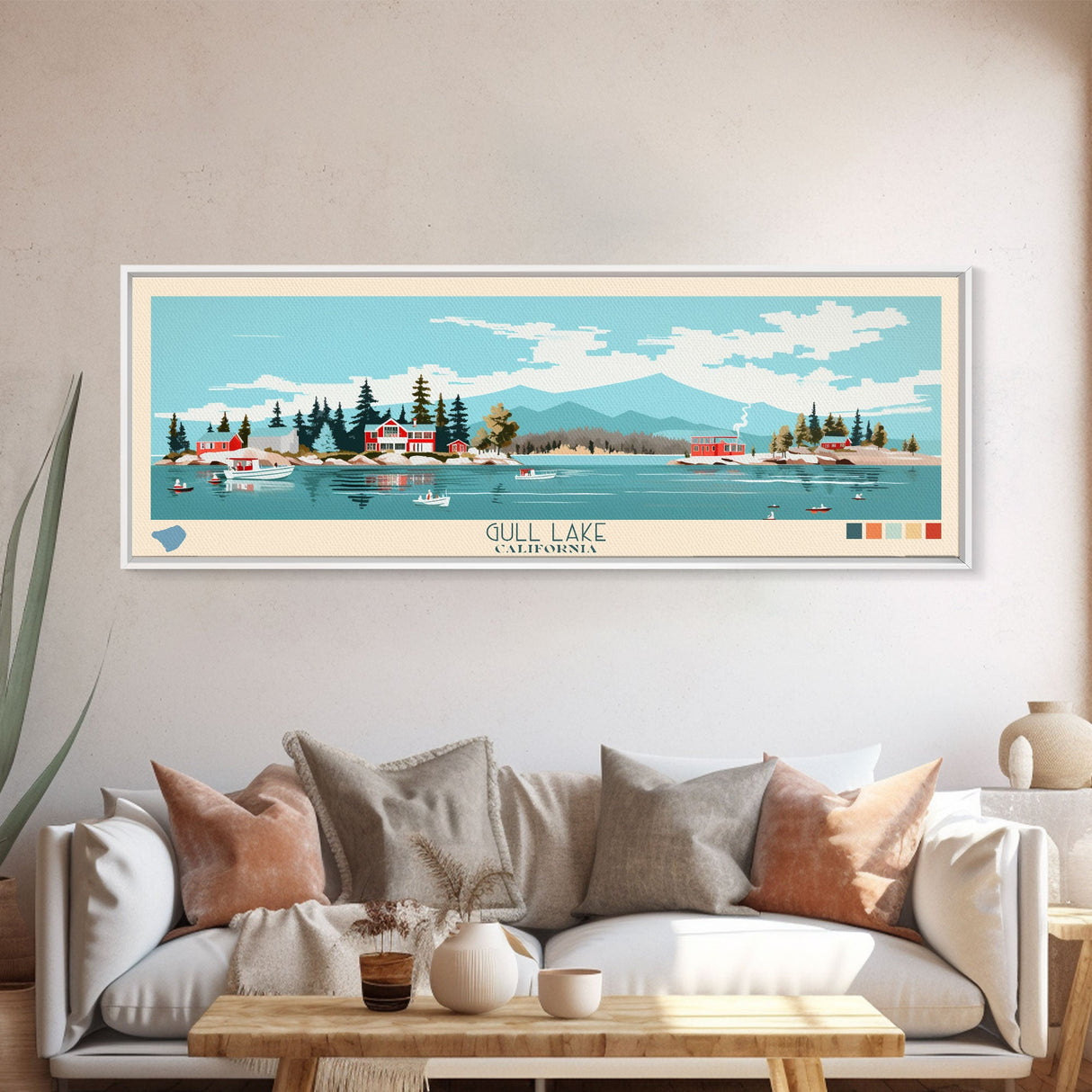 Gull Lake California Framed Canvas Print, Panoramic Art, Midcentury Modern, Pop Art, Bedroom Decor, Travel Poster, Lake View, Artistic Decor