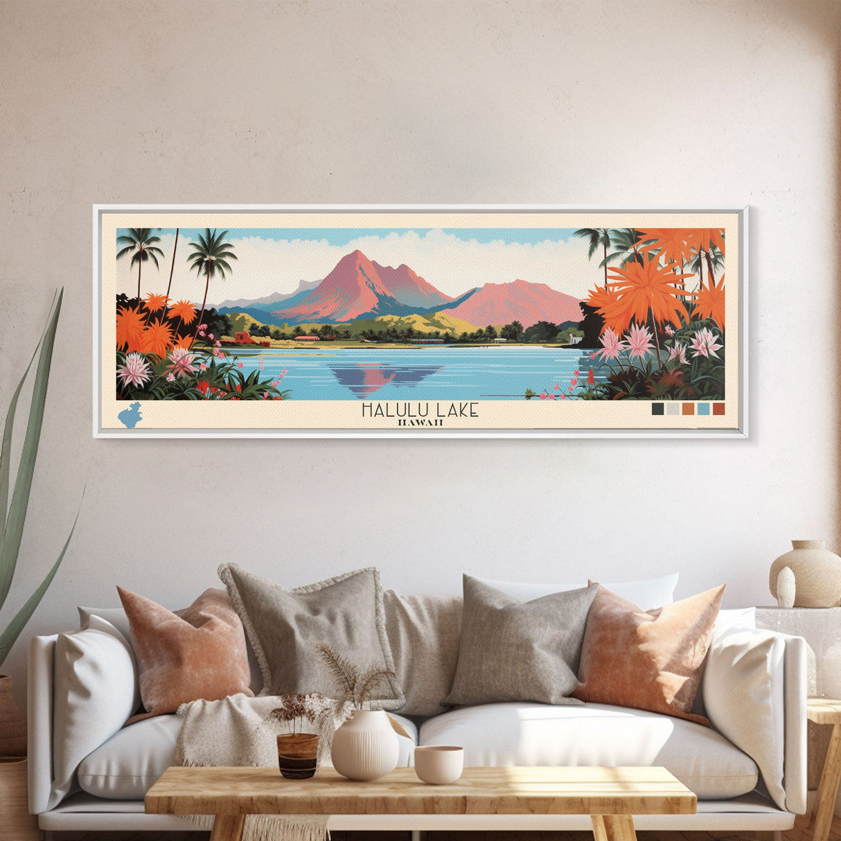 Halulu Lake Hawaii Framed Canvas Print, Panoramic Art, Midcentury Modern, Pop Art, Bedroom Decor, Travel Poster, Artistic Decor, Home Decor