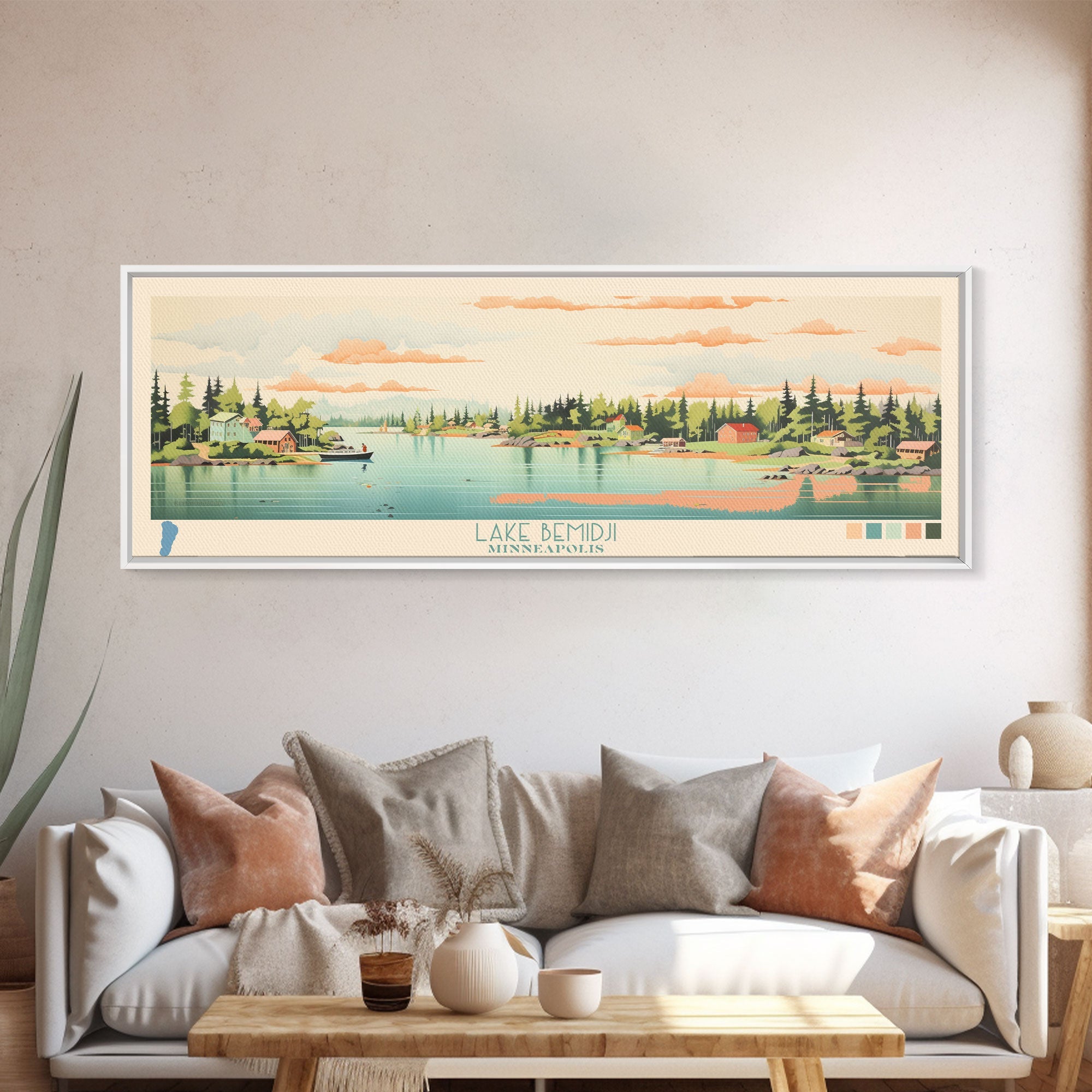 Lake Bemidji Minneapolis Framed Canvas Print, Panoramic Wall Art