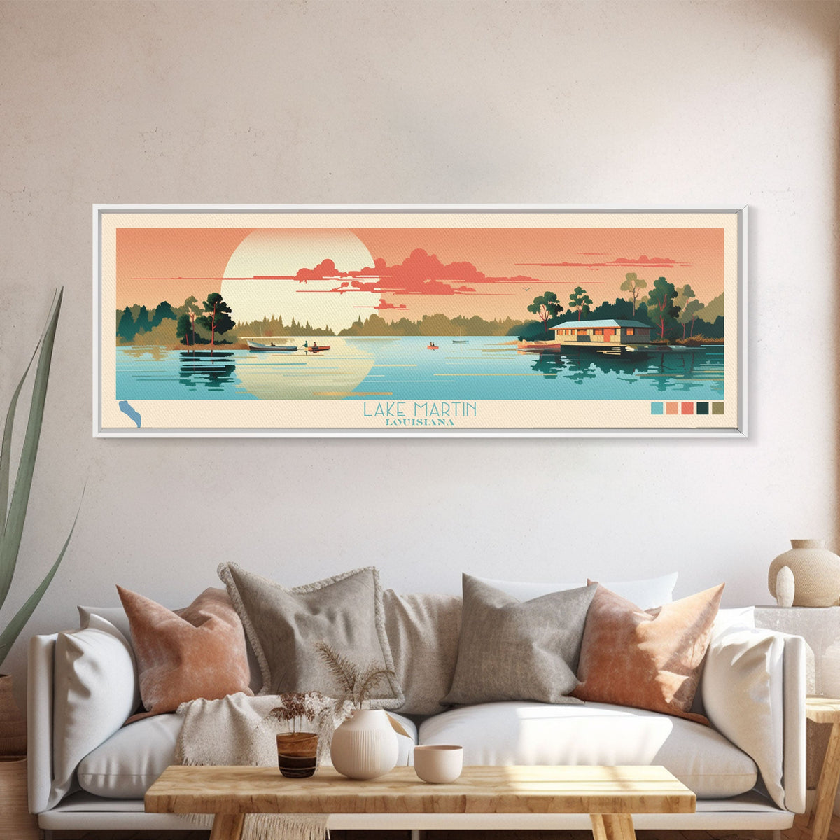 Lake Martin Louisiana Framed Canvas Print, Panoramic Wall Art, Midcentury Modern, Pop Art, Bedroom Art, Travel Poster, Lake House Decor
