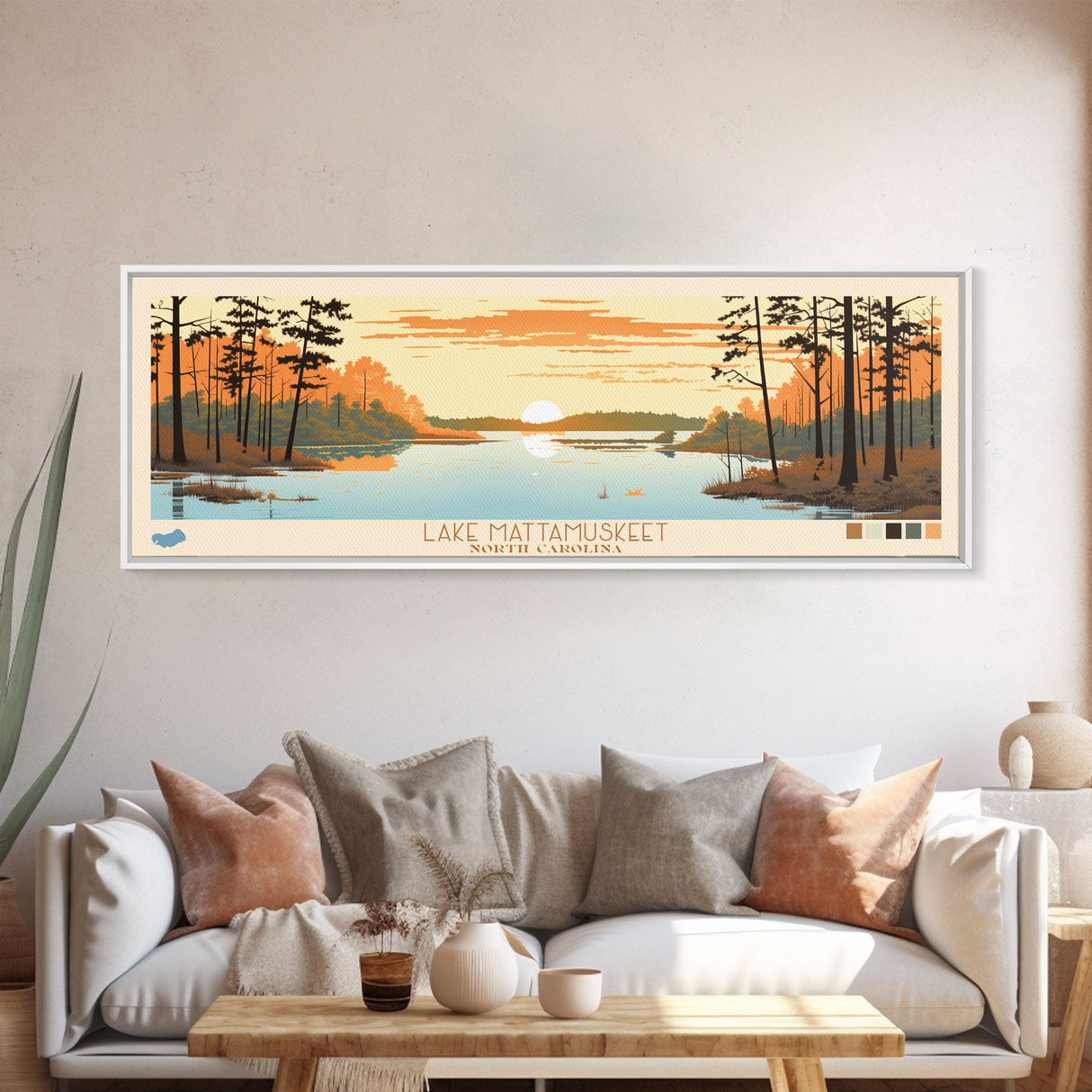 Lake Mattamuskeet North Carolina Framed Canvas Print, Panoramic Wall Art, Midcentury Modern, Pop Art, Bedroom Art, Travel Poster, Lake House Decor
