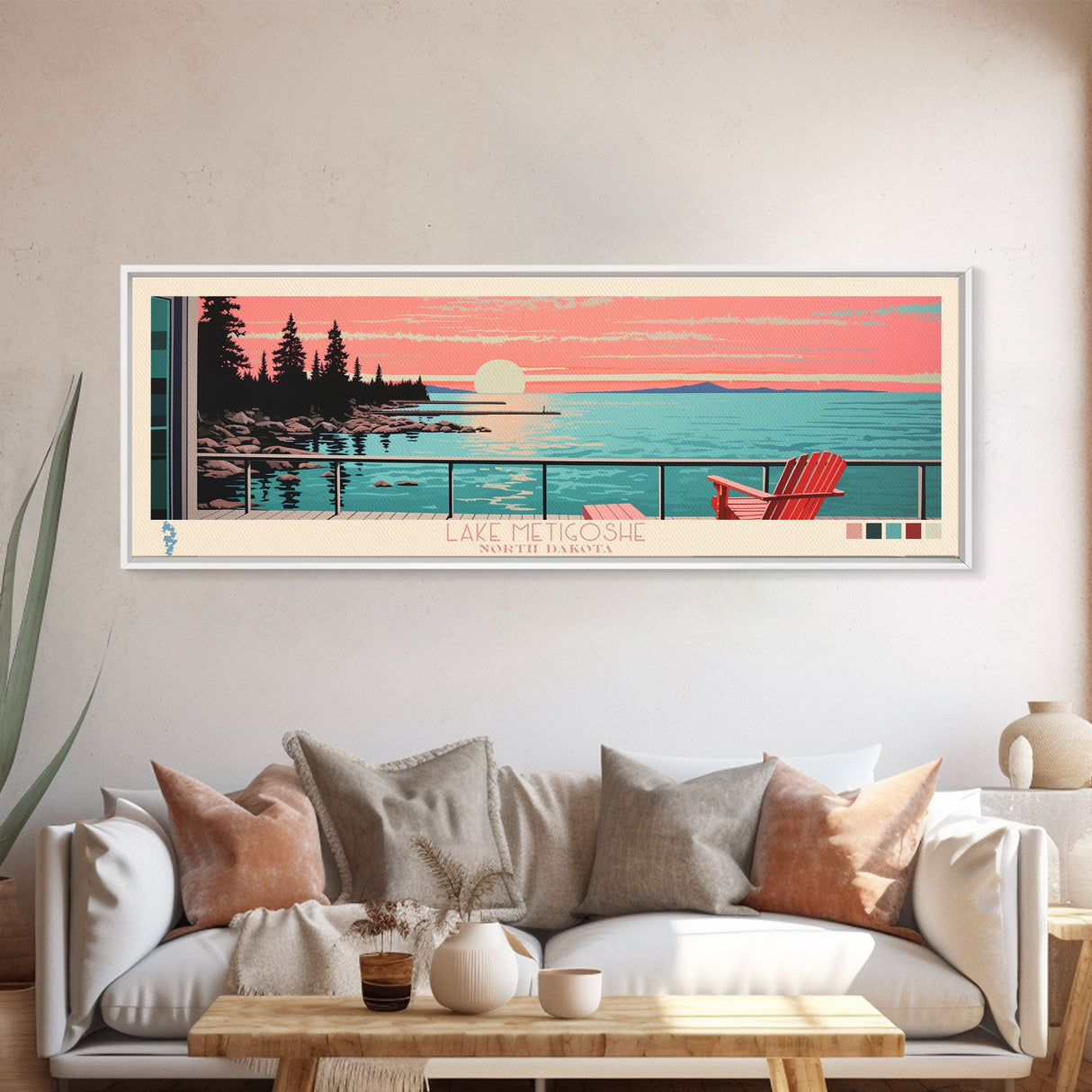 Lake Metigoshe North Dakota Framed Canvas Print, Panoramic Wall Art, Midcentury Modern, Pop Art, Living Room Decor, Travel Poster