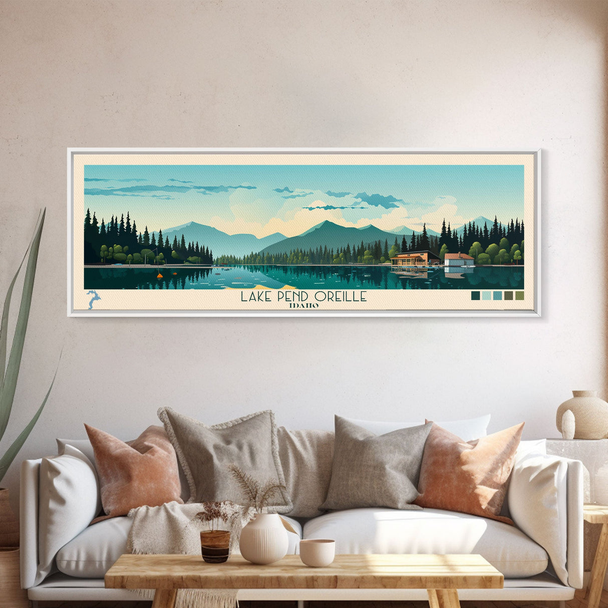 Lake Pend Oreille Idaho Framed Canvas Print, Panoramic Wall Art, Midcentury Modern, Pop Art, Living Room Decor, Travel Poster, Lake House Art