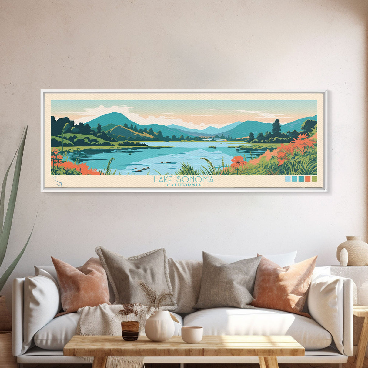 Lake Sonoma California Framed Canvas Print, Panoramic Wall Art, Midcentury Modern, Pop Art, Living Room Decor, Travel Poster, Lake House Art