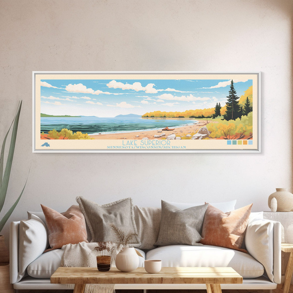 Lake Superior MinnesotaWisconsinMichigan Framed Canvas Print, Panoramic Wall Art, Midcentury Modern, Pop Art, Living Room Decor, Travel Poster, Lake House Art