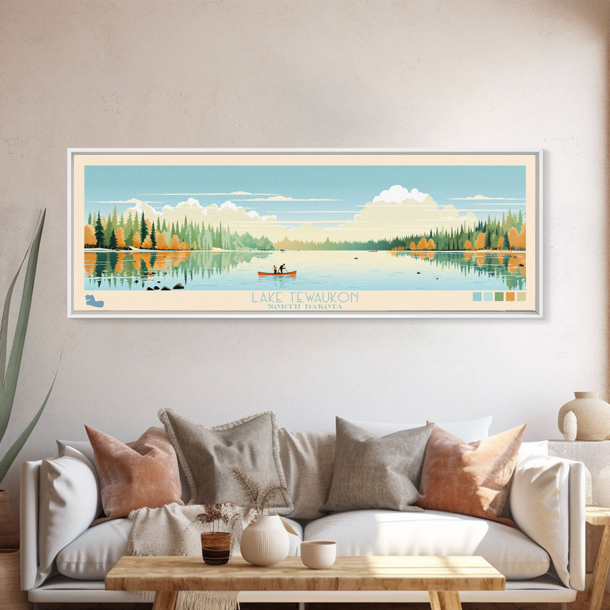 Lake Tewaukon North Dakota Framed Canvas Print, Panoramic Wall Art, Midcentury Modern, Pop Art, Living Room Decor, Travel Poster, Lake House Art