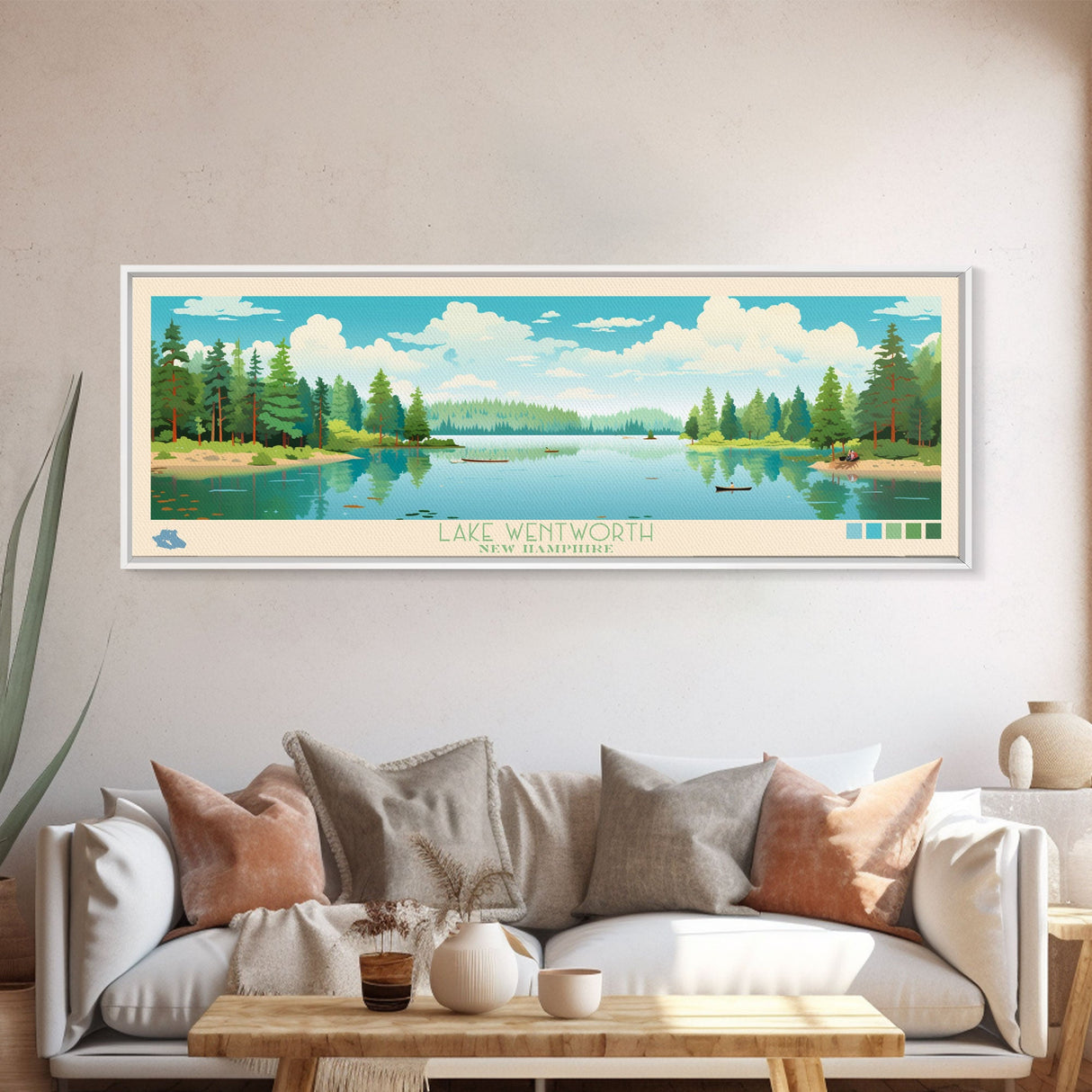 Lake Wentworth, New Hampshire Panoramic Wall Art Framed Canvas Print, Midcentury Modern, Pop Art, Home Decor, Travel Poster, Living Room Art