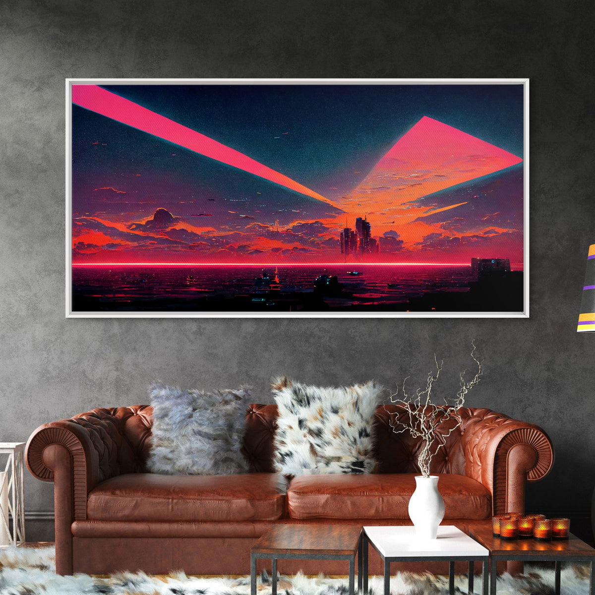 Cyberpunk lake art, city canvas, video game concept art, living room wall art, dystopian art, outrun city at sunset, man cave canvas print