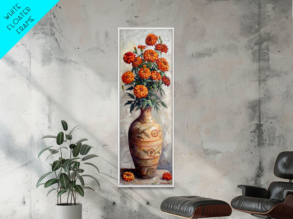 Orange Marigolds in Vase Painted on Textured Canvas, Tall and Narrow Framed Art, Botanical Art Print for Kitchen, Gallery Art, Moody Art