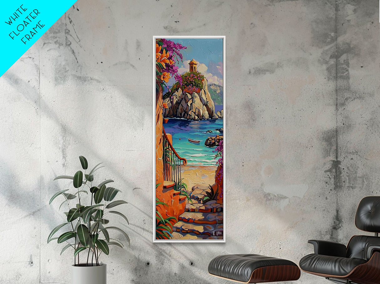 Coastal Wall Art Framed and Printed on Canvas, Surf Wall Art, Textured Canvas Painting Framed, Narrow Modern Wall Art for Office