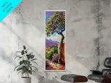 Oversized Texture Mountain Landscape Art Framed and Printed on Canvas, Vertical Impasto Painting on Canvas, Skinny Bedroom Wall Art