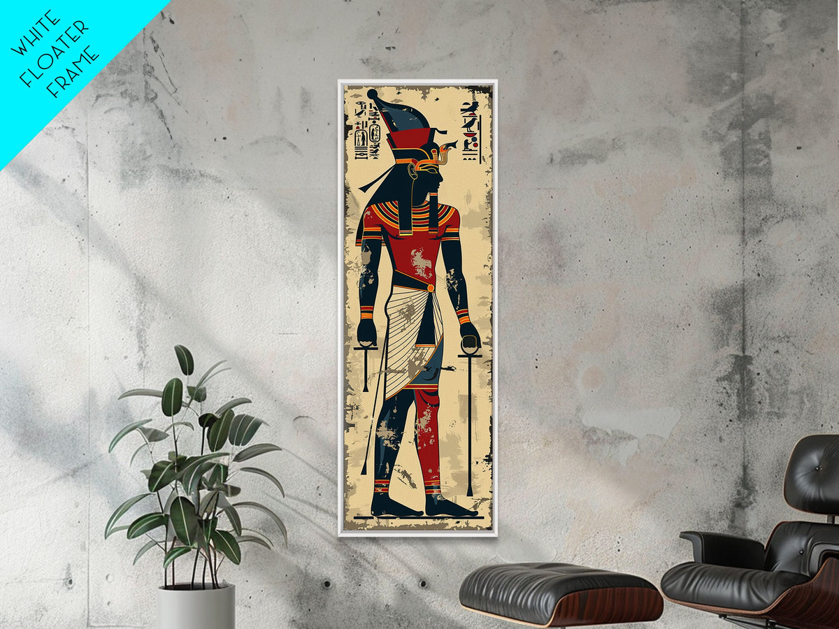 Egyptian Art Depiction of Horus - Framed Canvas Print, Midcentury Modern Wall Art, Skinny Art, Tall Art, Living Room Decor