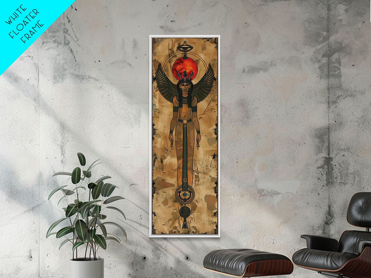 Egyptian Art Depiction of Goddess Isis - Framed Canvas Print, Midcentury Modern Wall Art, Skinny Art, Tall Art, Living Room Decor