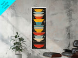 Retro Stacked Bowls Art in Midcentury Style - Framed Canvas Print, Skinny Tall Art for Living Room or Bedroom Decor
