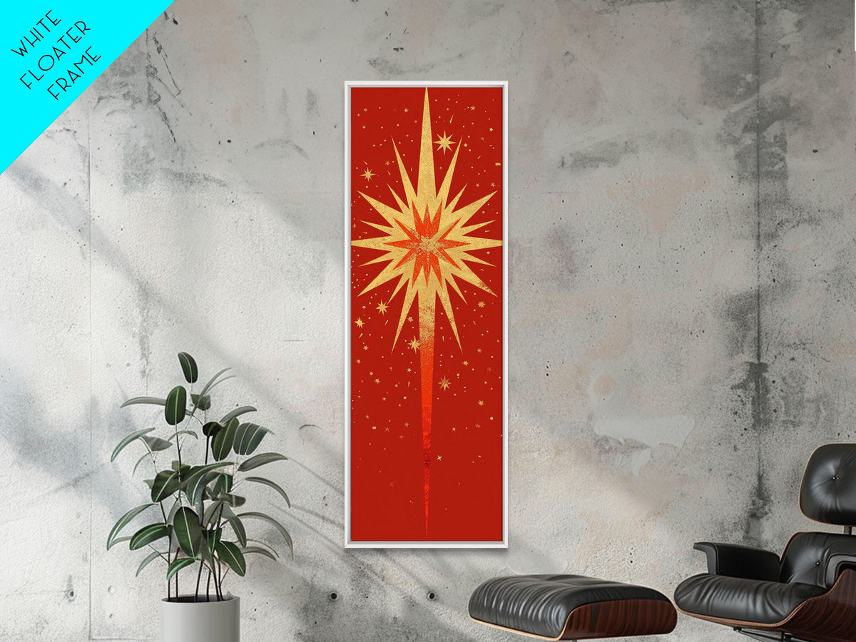 Retro Sunburst Art on Distressed Background - Framed Canvas Print, Midcentury Modern Skinny Art, Tall Wall Art for Living Room or Bedroom Decor