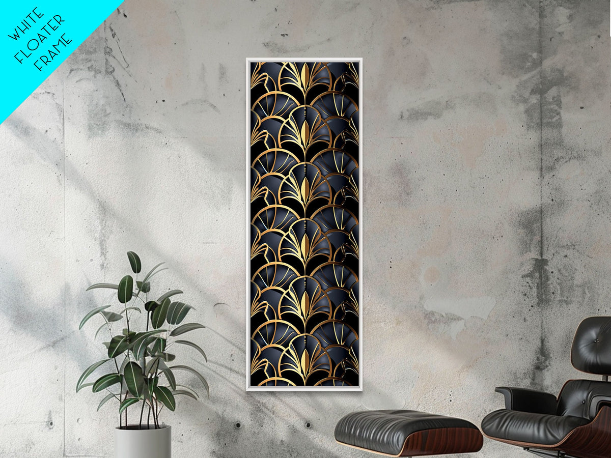 Gold Art Deco Pattern on Black Background - Framed Canvas Print, Midcentury Modern Art, Skinny Art, Tall Art, Living Room Wall Decor, Minimalist Art