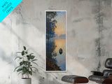 Calm River Reflection with a Lone Boat, Skinny and Tall Art, Serene Landscape Framed Canvas Print, Tranquil Wall Art
