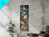 Tall Skinny Art of Vibrant Floral Mosaic on Blue Background as Framed Canvas Print for Bright Wall Decor and Home Interiors