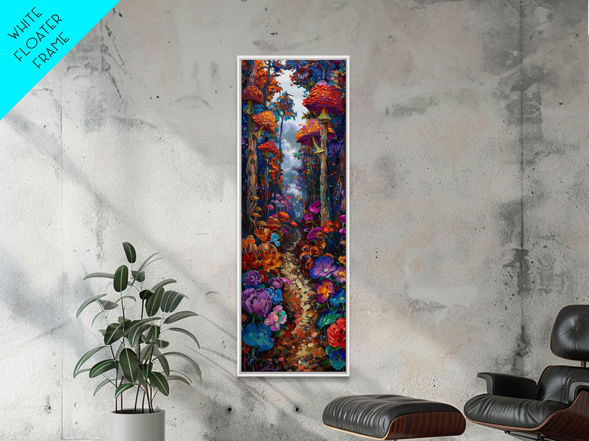 Fantasy Forest Pathway with Giant Mushrooms as Tall Skinny Art Framed Canvas Print for Whimsical Wall Decor in Unique Spaces