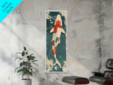 Serene Koi Fish Swimming in Deep Blue Water with Red Accents on Tall Vertical Japanese-Inspired Canvas Print