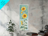 Japanese Skinny Art of Sunflowers with Golden Petals and Verdant Stems on a Pastel Blue Background – Framed Canvas Print