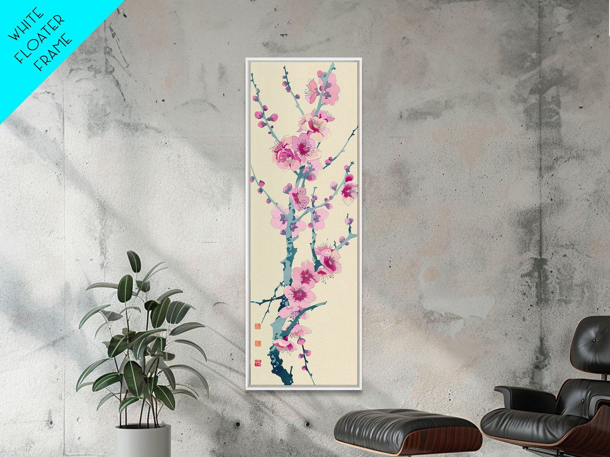 Plum Blossom Branch in Japanese Skinny Art with Delicate Pink Flowers – Framed Canvas Print