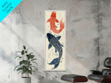 Elegant Koi Fish in Minimalist Japanese Art Style, Tall and Skinny Framed Canvas Print for Ukiyo-e Art Lovers